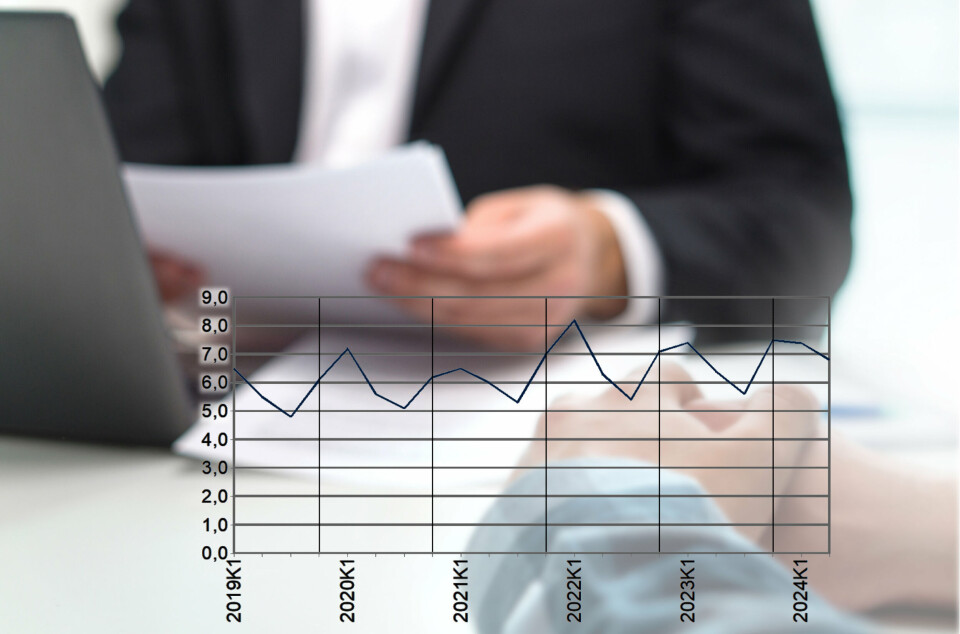 Sakte, men sikkert, nærmer vi oss vinterhalvåret, en periode som tradisjonelt har høyere sykefravær enn sommeren. Kurven viser hvordan sykefraværet typisk når en topp i 4. kvartal og 1. kvartal hvert år. Sykefraværet er angitt i prosent og målt for slutten av hvert kvartal. Grafikk