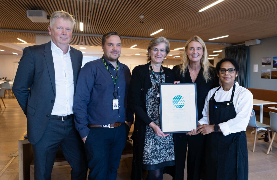 Fra venstre: John-Ole Soløy, konserndirektør i ISS Facility Services, Alexander Klemp, Eiendomssjef i Entra, Ellen Hambro, adm.dir. i Miljødirektoratet, Cathrine Pia Lund, adm.dir. i Svanemerket, Suhanthy Kanagsundram, kantineleder. Bilde av de fem i kantinen