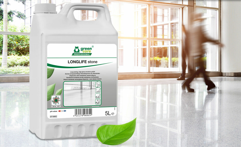 Tana-Chemies pleieprodukt LONGLIFE stone skal ha «grønne» egenskaper. Produktbilde av kanne med kjemi for pleie av steinprodukter