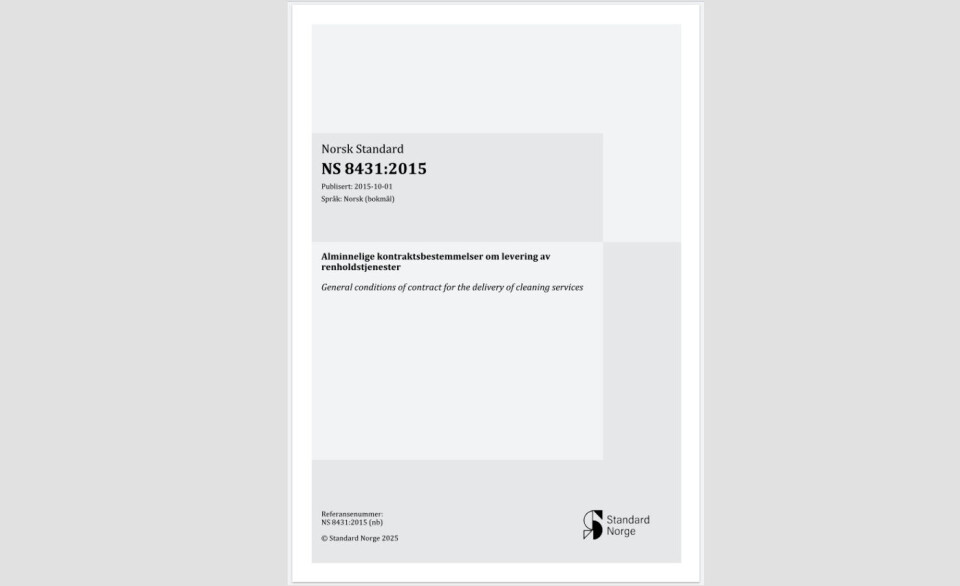 NHO Service og Handel har påpekt at den såkalte Standardkontrakten for renholdstjenester kan gi seg urimelige utslag ved prisreguleringer. Nå er standarden under begrenset revidering med høringsfrist 20/4. Forsiden til NS 8431