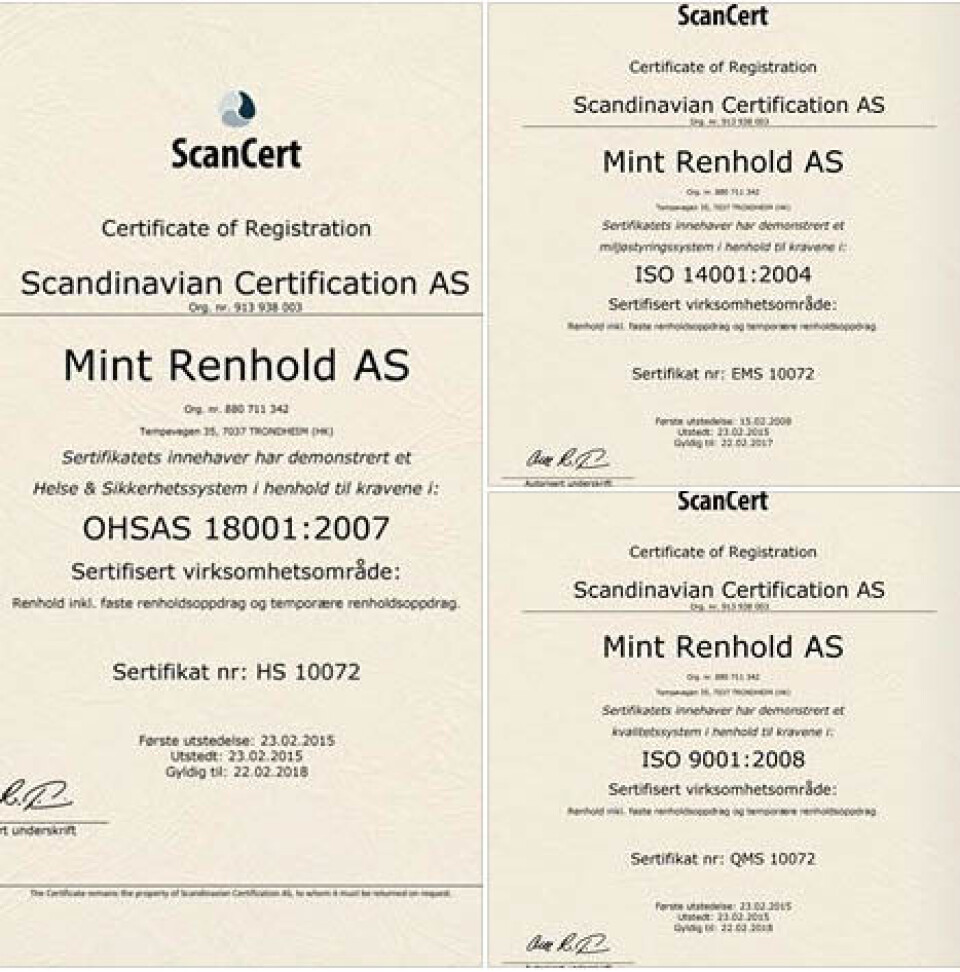 Mint Renhold er ISO-sertifisert