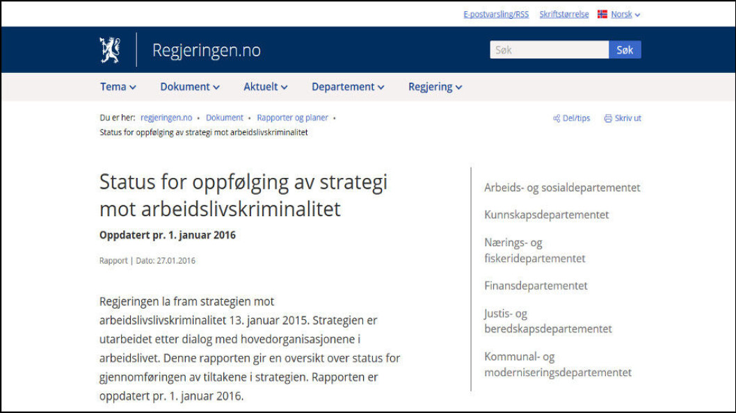 Faksimile fra Regjeringens melding om arbeidslivskriminalitet 27/1-2016. Faksimile fra Regjeringens melding om arbeidslivskriminalitet 27/1-2016.