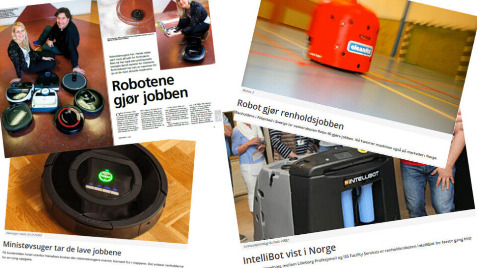 Markedet for proffe serviceroboter har vært spådd en lysende fremtid – en god stund. Tar det av nå som konsumentmarkedet synes å få opp farta? (Faksimiler fra Renholdsnytt.) Markedet for proffe serviceroboter har vært spådd en lysende fremtid – en god stund. Tar det av nå som konsumentmarkedet synes å få opp farta? (Faksimiler fra Renholdsnytt.)