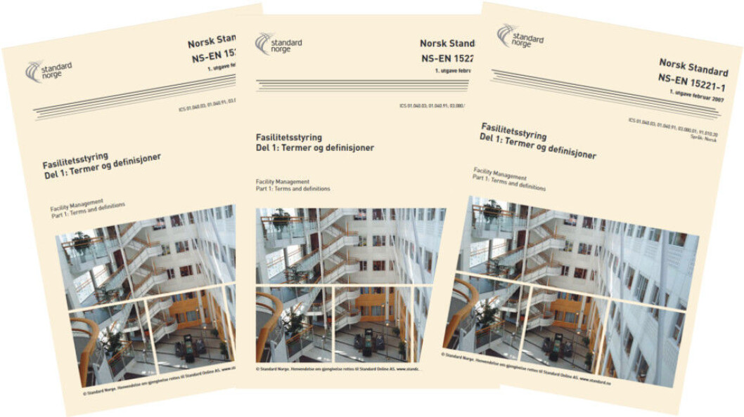 Europeisk standard NS-EN 15221 for fasilitetsstyring kan snart få en verdensomspennende kollega fra ISO. Ill. etter Standard Norge. Europeisk standard NS-EN 15221 for fasilitetsstyring kan snart få en verdensomspennende kollega fra ISO. Ill. etter Standard Norge.