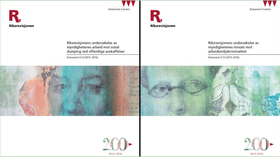 Riksrevisjonen la 21. juni 2016 fram to rapporter om myndighetenes arbeid mot sosial dumping og arbeidsmiljøkriminalitet. Riksrevisjonen la 21. juni 2016 fram to rapporter om myndighetenes arbeid mot sosial dumping og arbeidsmiljøkriminalitet.