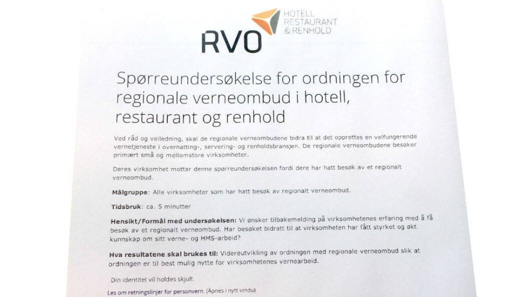 Faksimile fra undersøkelsen som gjennomføres i disse dager. (Ill.foto: Regionale verneombud) Faksimile fra undersøkelsen som gjennomføres i disse dager. (Ill.foto: Regionale verneombud)