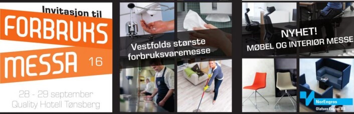 Forbruksmessa 16 arrangeres av NorEngros Olafsen Engros AS 28.-29. september i Tønsberg. Forbruksmessa 16 arrangeres av NorEngros Olafsen Engros AS 28.-29. september i Tønsberg.