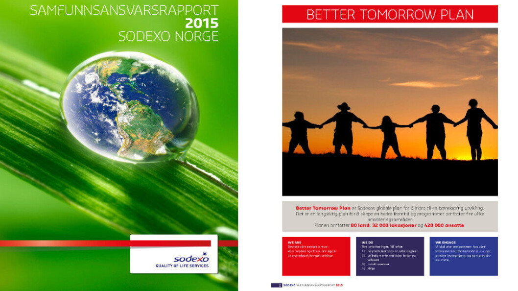 Faksimile fra Sodexos samfunnsansvarsrapport for 2015. Faksimile fra Sodexos samfunnsansvarsrapport for 2015.