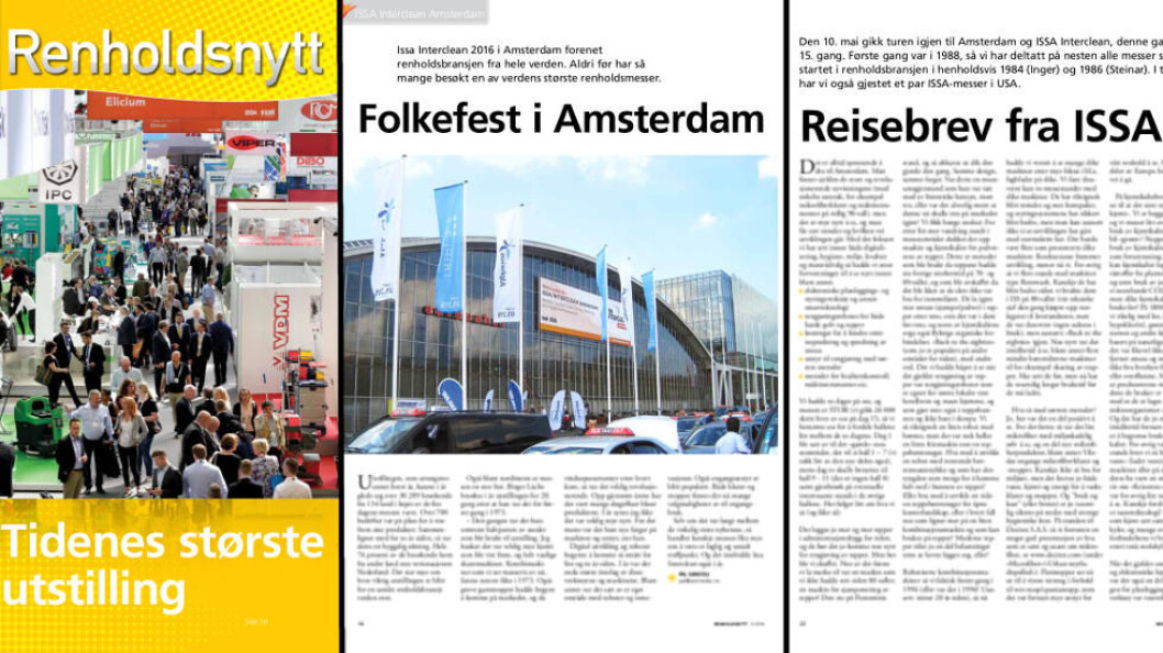 Forrige renholdsmesse i Amsterdam ble avholdt 10.-14. mai 2016 og fyldig omtalt i Renholdsnytt nr. 3-2016 (faksimile fra bladet, fotos: Pål Sønsteli) Forrige renholdsmesse i Amsterdam ble avholdt 10.-14. mai 2016 og fyldig omtalt i Renholdsnytt nr. 3-2016 (faksimile fra bladet, fotos: Pål Sønsteli)