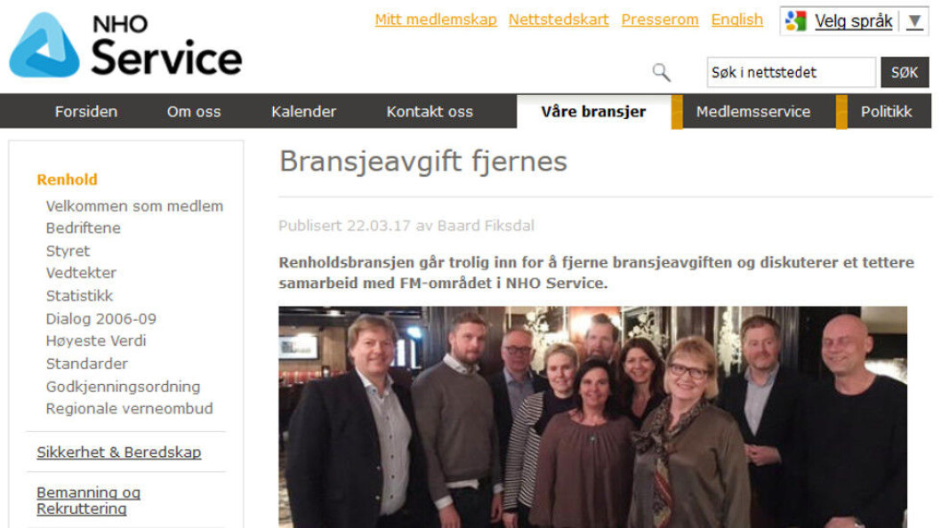 Styret for renholdsbransjen i NHO Service går inn for å fjerne sin bransjeavgift. (Faksimile fra NHO Service) Styret for renholdsbransjen i NHO Service går inn for å fjerne sin bransjeavgift. (Faksimile fra NHO Service)