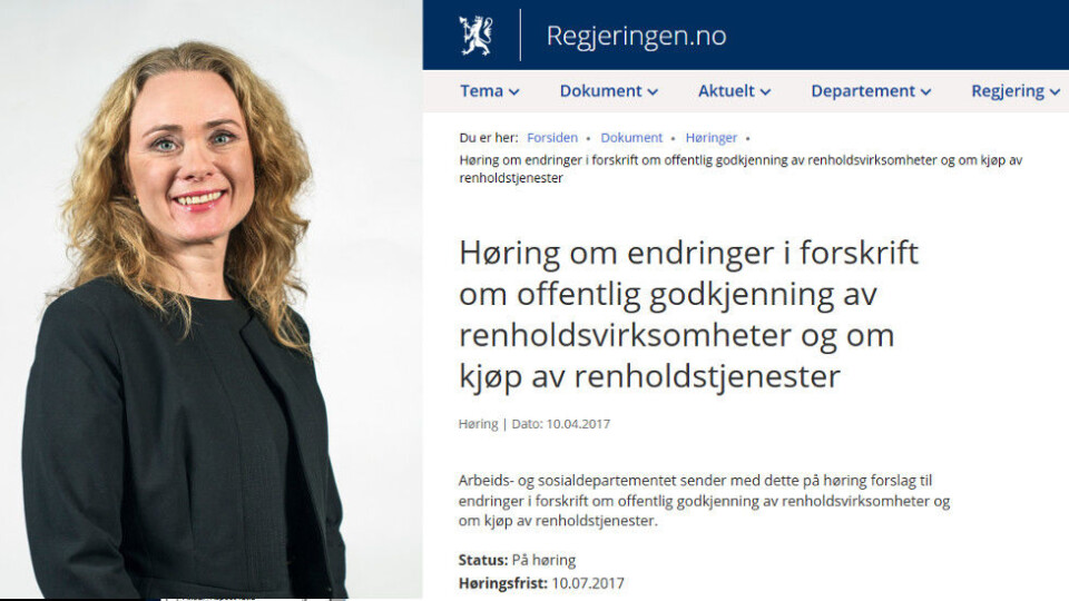 Statsråd Anniken Hauglie foreslår nye tiltak for bedre å få bukt med useriøse renholdsbedrifter. (Foto av Hauglie: Thomas Haugersveen / Statsministerens kontor) Statsråd Anniken Hauglie foreslår nye tiltak for bedre å få bukt med useriøse renholdsbedrifter. (Foto av Hauglie: Thomas Haugersveen / Statsministerens kontor)