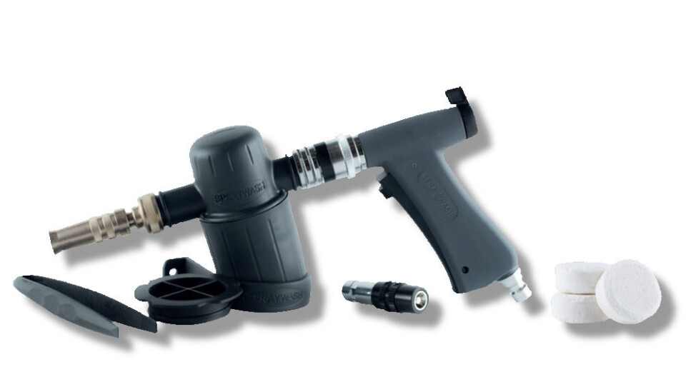 Pistolgrep, utstyr og tabletter i Spraywash-systemet. (Foto: PLS) Pistolgrep, utstyr og tabletter i Spraywash-systemet. (Foto: PLS)