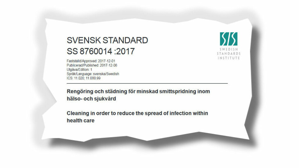 Sverige har nå fått sin første standard for rengjøring i helsevesenet. (Faksimile etter Swedish Standards Institute)
