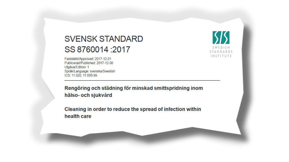 Sverige har nå fått sin første standard for rengjøring i helsevesenet. (Faksimile etter Swedish Standards Institute) Sverige har nå fått sin første standard for rengjøring i helsevesenet. (Faksimile etter Swedish Standards Institute)