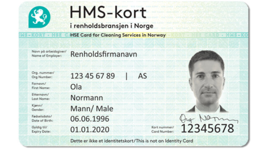Slik ser de nye HMS-kortene for renholdsbransjen ut. (Foto: Arbeidstilsynet) Slik ser de nye HMS-kortene for renholdsbransjen ut. (Foto: Arbeidstilsynet)
