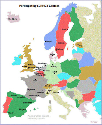 Forskningssentere som deltok i den europeiske lungehelsestudien. (Grafikk: ECRHS) Forskningssentere som deltok i den europeiske lungehelsestudien. (Grafikk: ECRHS)