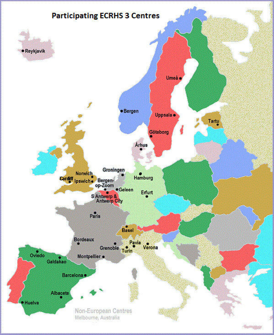 Forskningssentere som deltok i den europeiske lungehelsestudien. (Grafikk: ECRHS) Forskningssentere som deltok i den europeiske lungehelsestudien. (Grafikk: ECRHS)