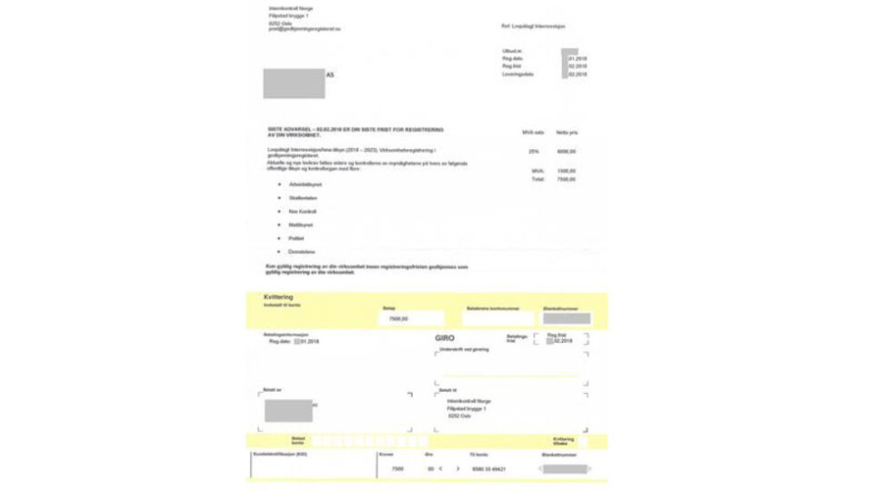 Virke anbefaler at alle som mottar slike fakturaer sjekker innholdet nøye. Står det for eksempel utbud/tilbud i stedet for faktura, er dette ikke noe som må betales. (Bilde hentet fra Trygg Handel) Virke anbefaler at alle som mottar slike fakturaer sjekker innholdet nøye. Står det for eksempel utbud/tilbud i stedet for faktura, er dette ikke noe som må betales. (Bilde hentet fra Trygg Handel)