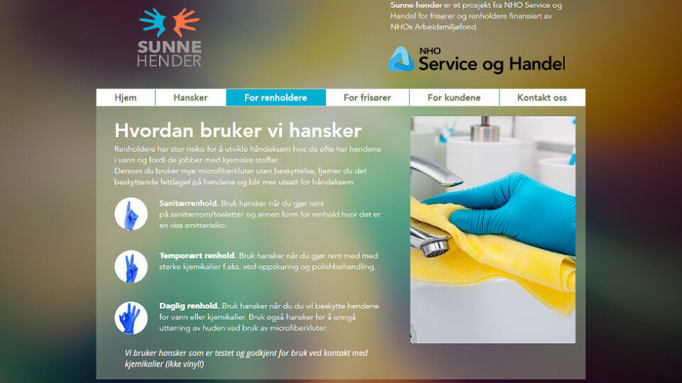 Sunne hender gir råd til bl.a. renholdere om hvordan de kan beskytte hendene sine og unngå hudplager. (Faksimile fra sunnehender.no) Sunne hender gir råd til bl.a. renholdere om hvordan de kan beskytte hendene sine og unngå hudplager. (Faksimile fra sunnehender.no)