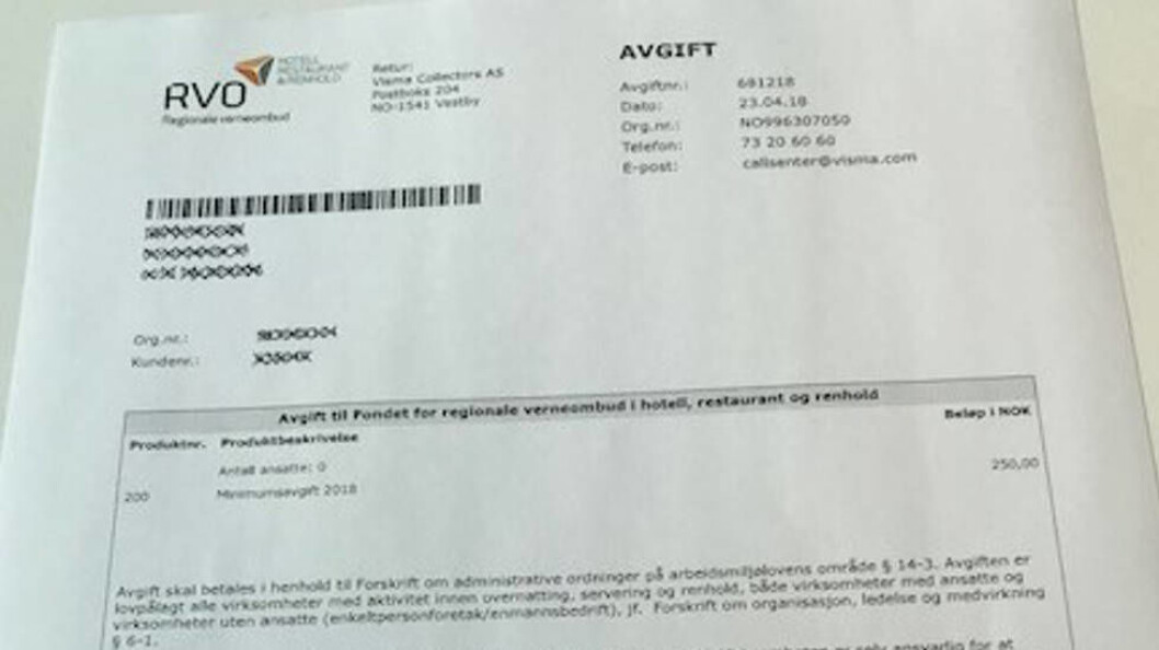 Avgiften er lovpålagt alle virksomheter med aktivitet innenfor overnatting, servering og renhold, både virksomheter med ansatte og virksomheter uten ansatte (enkeltpersonforetak / enmannsbedrift). (Ill.: RVO) Avgiften er lovpålagt alle virksomheter med aktivitet innenfor overnatting, servering og renhold, både virksomheter med ansatte og virksomheter uten ansatte (enkeltpersonforetak / enmannsbedrift). (Ill.: RVO)