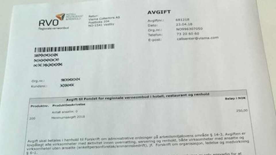 Avgiften er lovpålagt alle virksomheter med aktivitet innenfor overnatting, servering og renhold, både virksomheter med ansatte og virksomheter uten ansatte (enkeltpersonforetak / enmannsbedrift). (Ill.: RVO) Avgiften er lovpålagt alle virksomheter med aktivitet innenfor overnatting, servering og renhold, både virksomheter med ansatte og virksomheter uten ansatte (enkeltpersonforetak / enmannsbedrift). (Ill.: RVO)