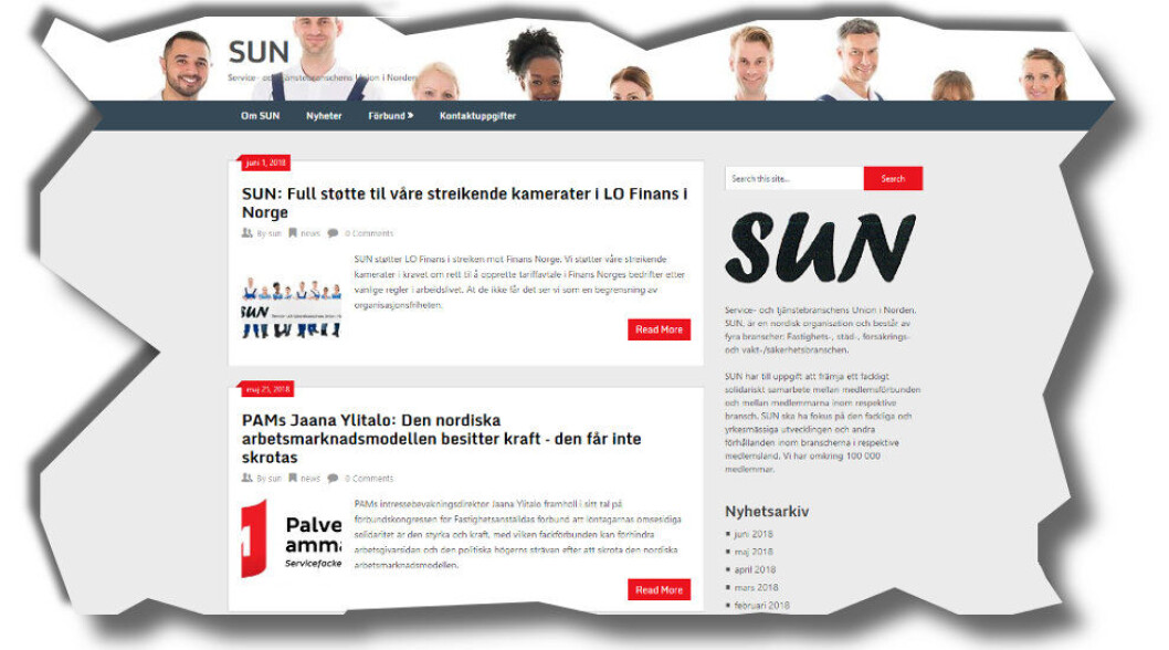 Faksimile fra den nye nettsiden til Service- og tjenestebransjens union i Norden (SUN). Faksimile fra den nye nettsiden til Service- og tjenestebransjens union i Norden (SUN).