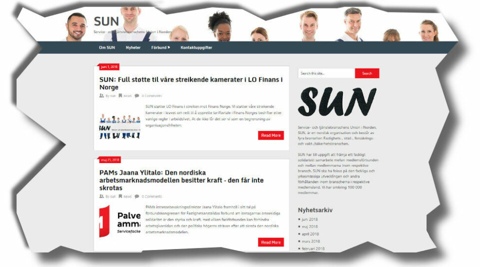 Faksimile fra den nye nettsiden til Service- og tjeneste­bransjens union i Norden (SUN).