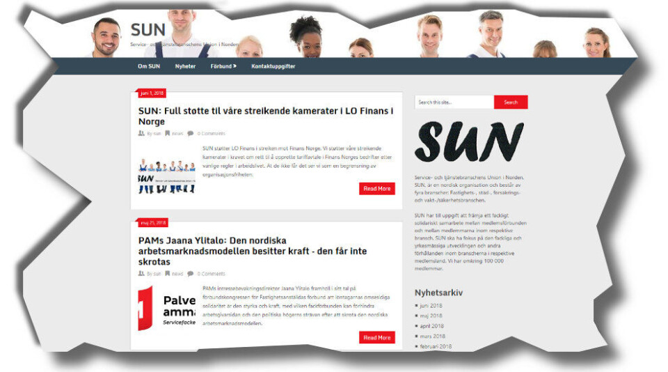 Faksimile fra den nye nettsiden til Service- og tjenestebransjens union i Norden (SUN). Faksimile fra den nye nettsiden til Service- og tjenestebransjens union i Norden (SUN).