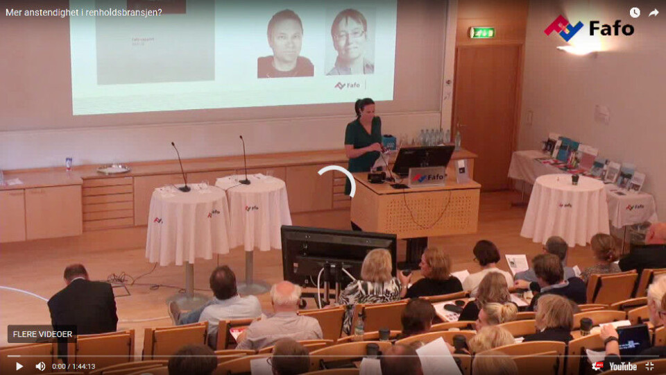 Stillbilde fra videoen der Fafo presenterer rapporten «Renholdsbransjen sett nedenfra». (Foto: Fafo) Stillbilde fra videoen der Fafo presenterer rapporten «Renholdsbransjen sett nedenfra». (Foto: Fafo)