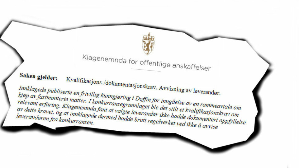 Faksimile fra Kofas avgjørelse vedrørende Malvik kommunes anskaffelse av matteløsning.