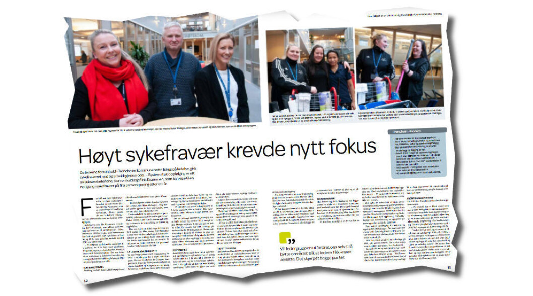 Sykefraværet i renholdsavdelingen sank fra ca. 14 til 10 prosent i løpet av 2018. (Faksimile fra NKF-magasinet 2019) Sykefraværet i renholdsavdelingen sank fra ca. 14 til 10 prosent i løpet av 2018. (Faksimile fra NKF-magasinet 2019)