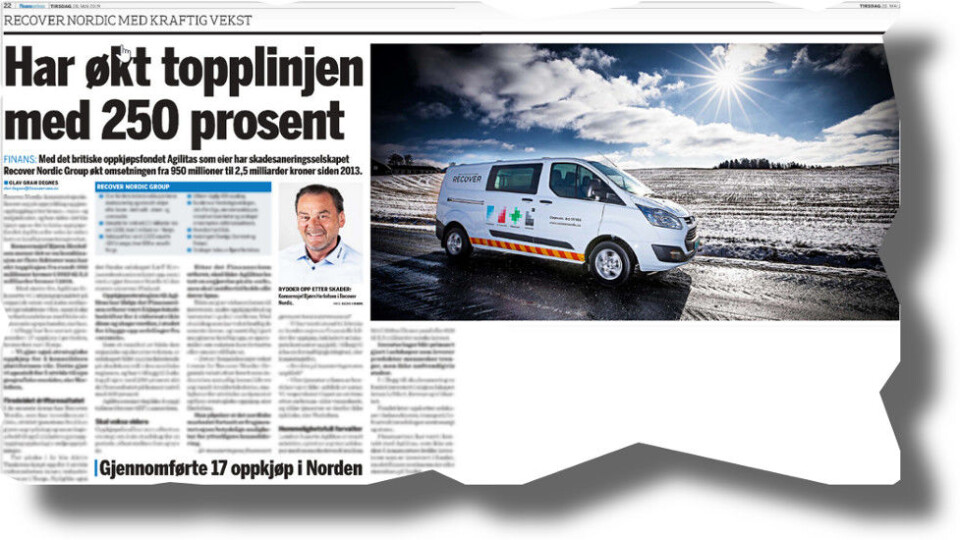 Iføge Finansavisen har Recover Nordic Group også økt driftsresultatet på konsernivå med 400 prosent i samme periode. (Faksimile fra Finansavisen) Iføge Finansavisen har Recover Nordic Group også økt driftsresultatet på konsernivå med 400 prosent i samme periode. (Faksimile fra Finansavisen)