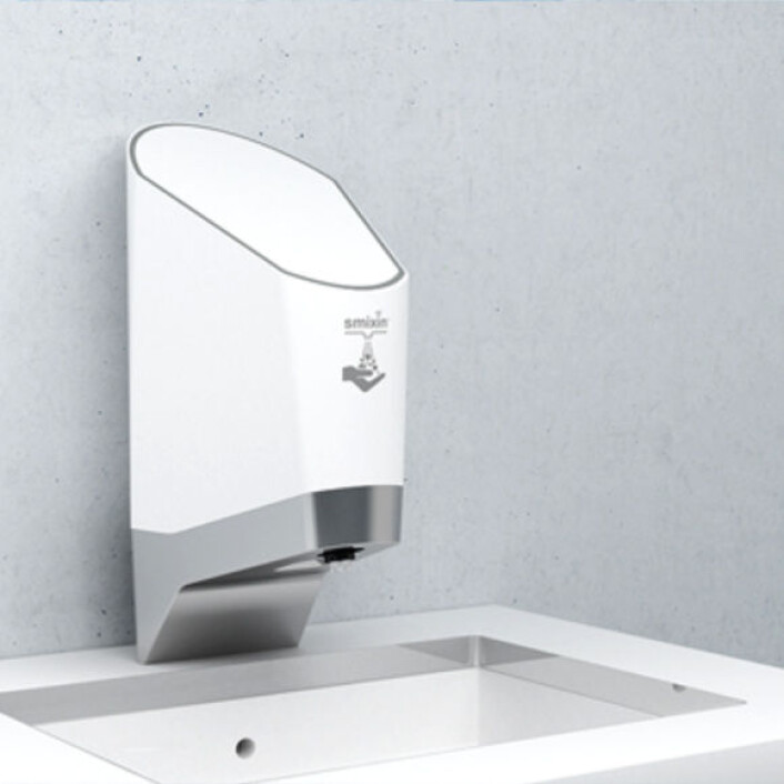 Smixin leverer «smarte» håndvaskeløsninger, blant annet denne 2-i-1-løsningen med såpe og vann i samme dispenser. (Foto: Smixin) Smixin leverer «smarte» håndvaskeløsninger, blant annet denne 2-i-1-løsningen med såpe og vann i samme dispenser. (Foto: Smixin)