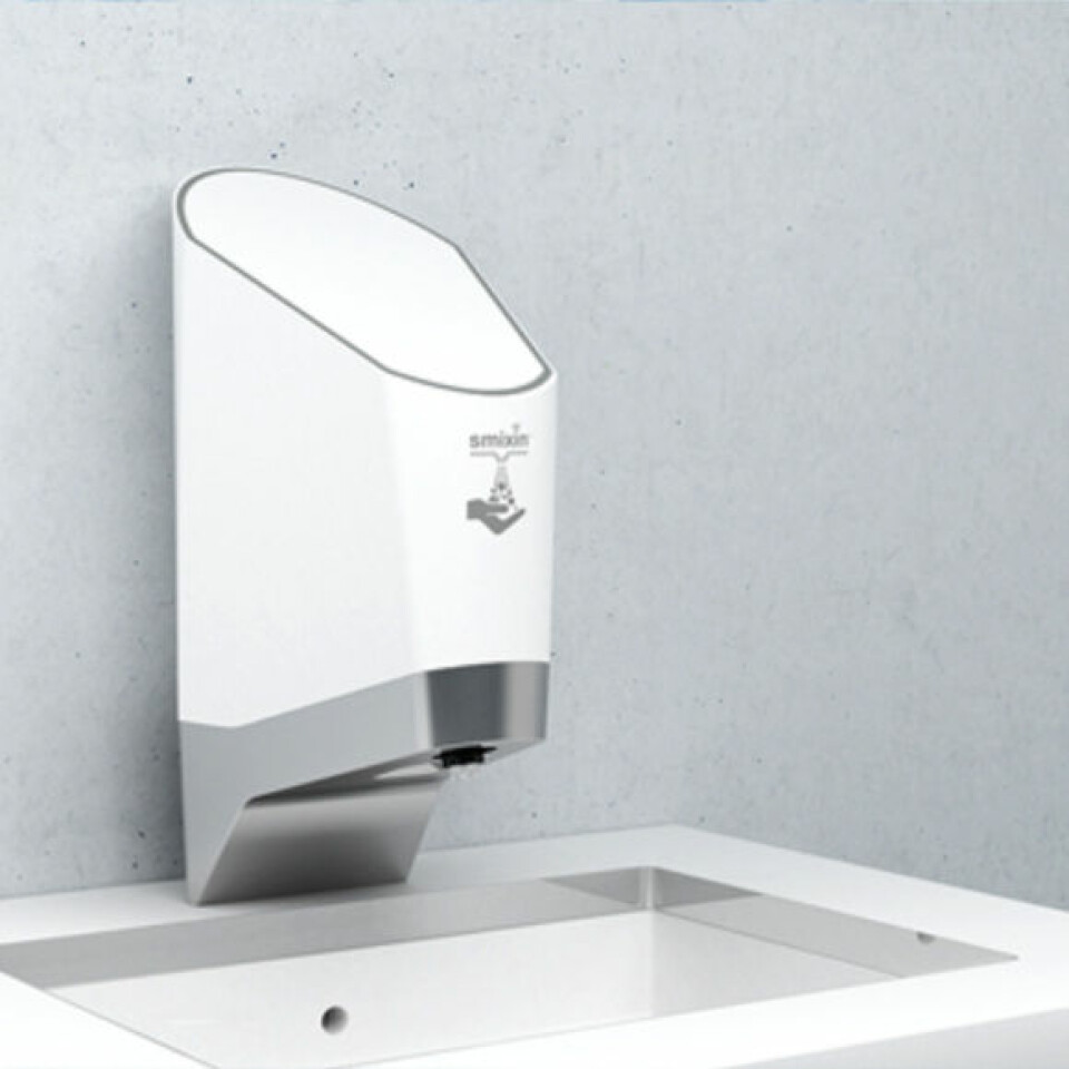 Smixin leverer «smarte» håndvaske­løsninger, blant annet denne 2-i-1-løsningen med såpe og vann i samme dispenser. (Foto: Smixin)
