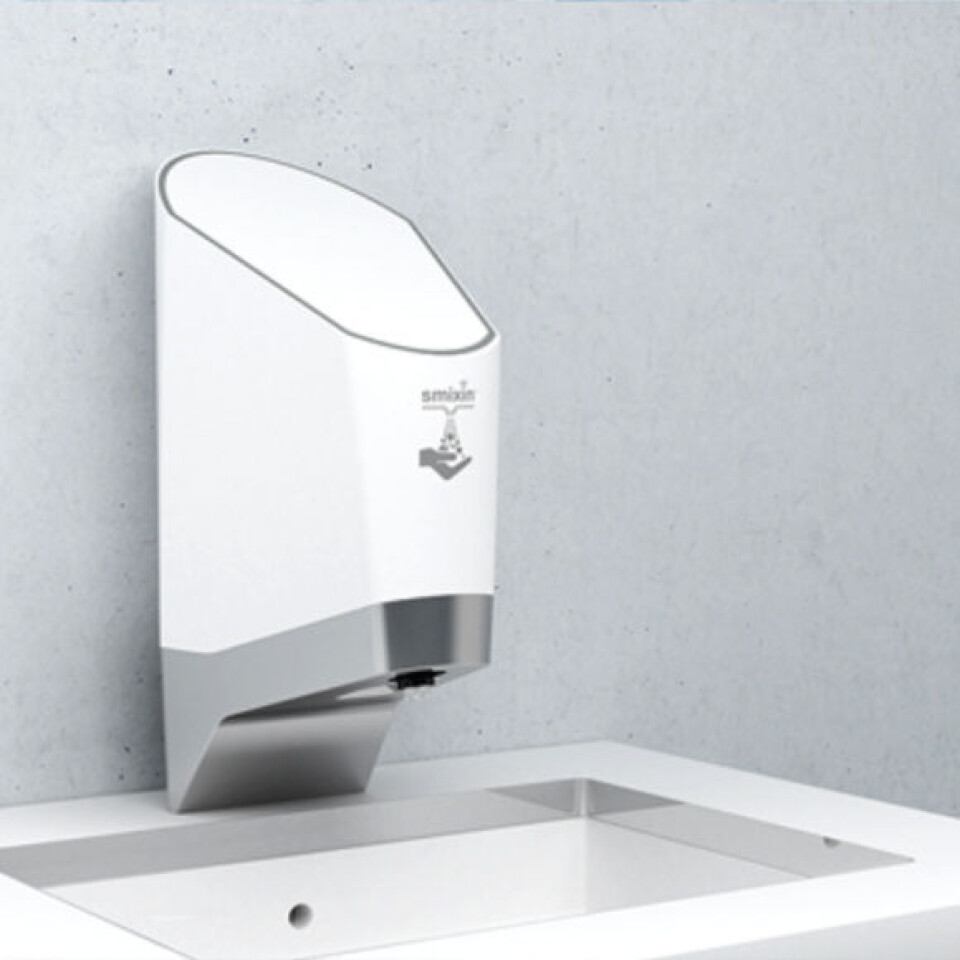 Smixin leverer «smarte» håndvaskeløsninger, blant annet denne 2-i-1-løsningen med såpe og vann i samme dispenser. (Foto: Smixin) Smixin leverer «smarte» håndvaskeløsninger, blant annet denne 2-i-1-løsningen med såpe og vann i samme dispenser. (Foto: Smixin)
