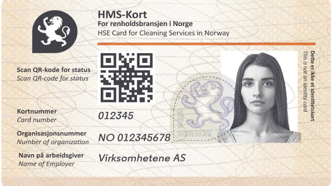 Leverandøren jobber blant annet fortsatt med å fjerne nyinnført sperre som gjør at renholdsvirksomheter kun får utstedt HMS-kort for renhold. Bildet viser nytt design for HMS-kort i renhold fra 2020. (Foto: Evry) Leverandøren jobber blant annet fortsatt med å fjerne nyinnført sperre som gjør at renholdsvirksomheter kun får utstedt HMS-kort for renhold. Bildet viser nytt design for HMS-kort i renhold fra 2020. (Foto: Evry)