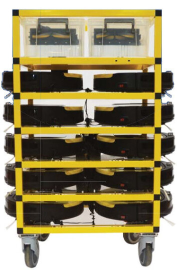 Transporttralle for en klynge med 10 Abbee-roboter. (Foto: TPLC) Transporttralle for en klynge med 10 Abbee-roboter. (Foto: TPLC)