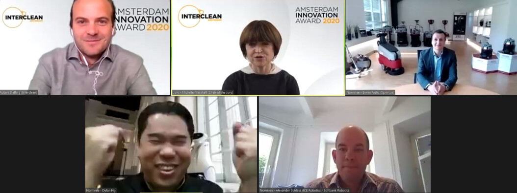 LionsBot vant i kategorien Machines under Amsterdam Innovation Award 2020. Dylan Ng representerte selskapet under overrekkelsen (nede til venstre). LionsBot vant i kategorien Machines under Amsterdam Innovation Award 2020. Dylan Ng representerte selskapet under overrekkelsen (nede til venstre).