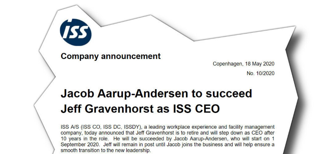 Jeff Gravenhorst, CEO i ISS A/S, vil fortsette å lede konsernet inntil Jacob Aarup-Andersen overtar 1/9-2020. Jeff Gravenhorst, CEO i ISS A/S, vil fortsette å lede konsernet inntil Jacob Aarup-Andersen overtar 1/9-2020.