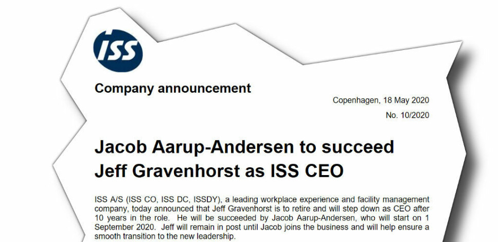 Jeff Graven­horst, CEO i ISS A/S, vil fortsette å lede konsernet inntil Jacob Aarup-Andersen overtar 1/9-2020.