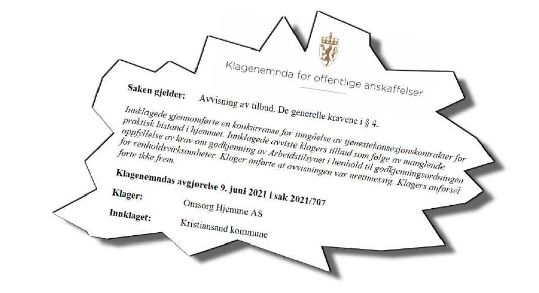 KOFA har frikjent Kristiansand kommune for å ha avvist et tilbud fra bedriften Omsorg Hjemme AS. KOFA har frikjent Kristiansand kommune for å ha avvist et tilbud fra bedriften Omsorg Hjemme AS.