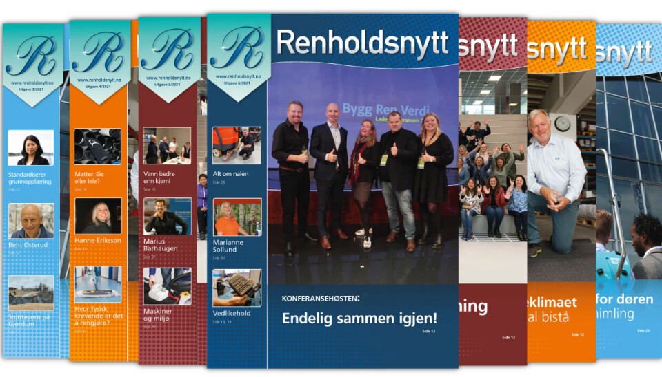 Renholdsnytt nr. 6/2021 ble postlagt 6. desember. Hovedbildet på forsiden viser hovedorganisatorene bak lederkonferansen & messen Bygg Ren Verdi 2021. Renholdsnytt nr. 6/2021 ble postlagt 6. desember. Hovedbildet på forsiden viser hovedorganisatorene bak lederkonferansen & messen Bygg Ren Verdi 2021.