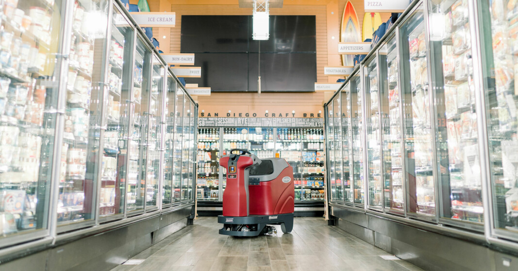 Ill.foto som viser roboten Minuteman Roboscrub 20 i dagligvarehandel. Denne har 