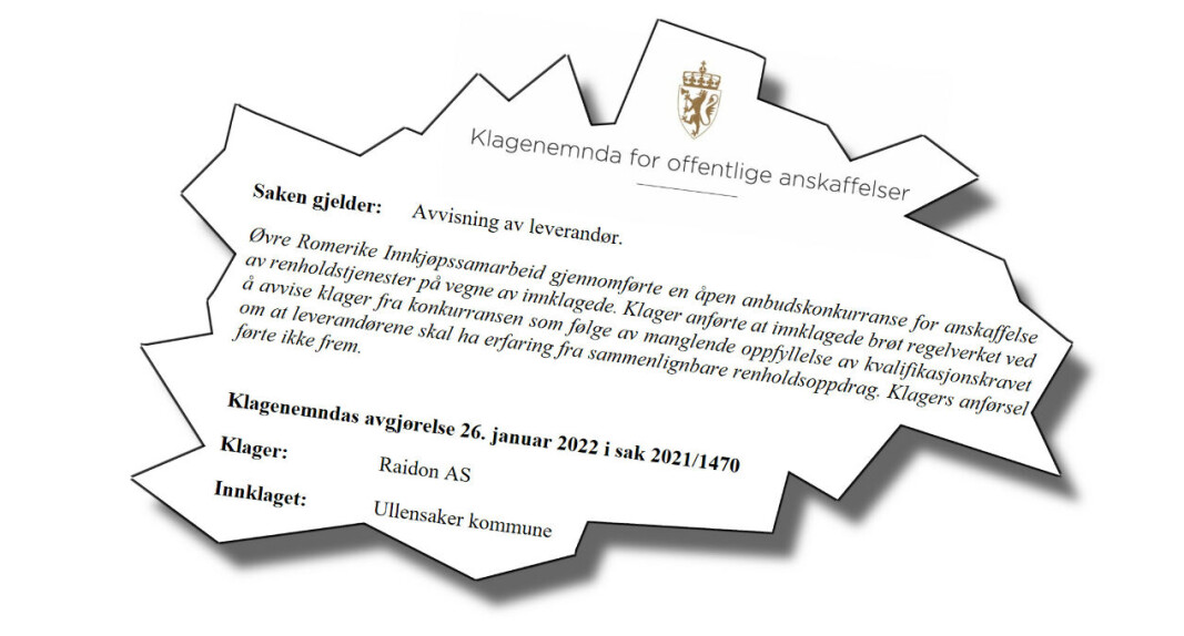 KOFA kom til at Ullensaker kommune hadde rett til å avvise Raidon AS som tilbyder, som i sitt pristilbud ikke hadde dokumentert relevant erfaring med blant annet smitterenhold. KOFA kom til at Ullensaker kommune hadde rett til å avvise Raidon AS som tilbyder, som i sitt pristilbud ikke hadde dokumentert relevant erfaring med blant annet smitterenhold.