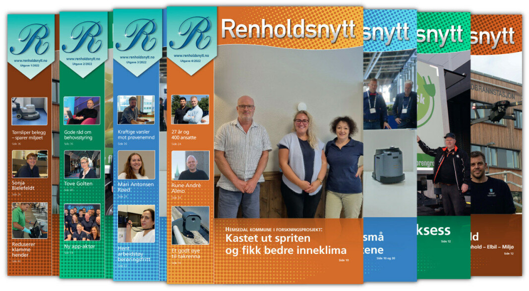 Forsiden til Renholdsnytt nr. 4/2022. Hovedbildet viser Odd Magne Anderdal (leder for Hemsedal Eigedom), Erika Liutkeviciene (renholdsleder) og Malgorzata Cygan (renholder). Småbildene viser Ghazi Khder Jezdin og Patrick Solrunarson (Support Service Partner), Rune Andrè Almo (Trondheim kommune) og takrennesensor (Zensy). Forsiden til Renholdsnytt nr. 4/2022. Hovedbildet viser Odd Magne Anderdal (leder for Hemsedal Eigedom), Erika Liutkeviciene (renholdsleder) og Malgorzata Cygan (renholder). Småbildene viser Ghazi Khder Jezdin og Patrick Solrunarson (Support Service Partner), Rune Andrè Almo (Trondheim kommune) og takrennesensor (Zensy).