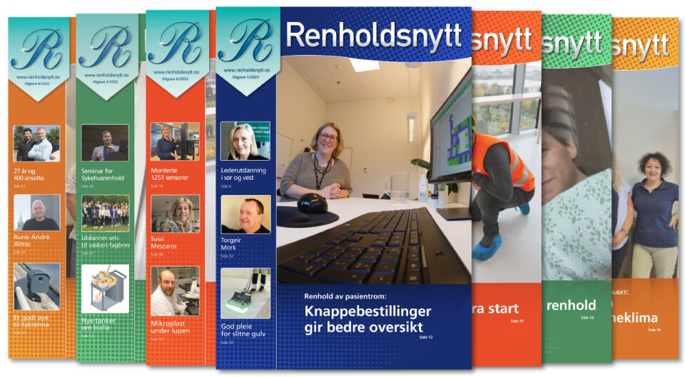 Forsiden til Renholdsnytt nr. 1/2023. For beskrivelse av enkeltbildene, se nederst i artikkelen. Bilde av forsider til bladet Renholdsnytt, blant annet nr. 1/2023