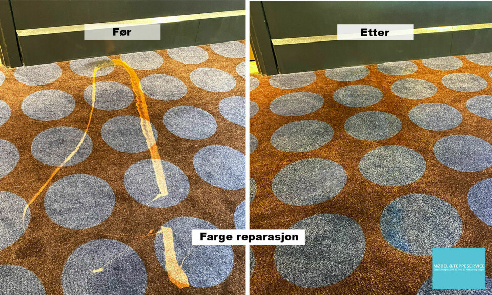 Til venstre et teppe som er skadet av blekemiddel. Til høyre det samme teppet etter restaurering / oppfarging.