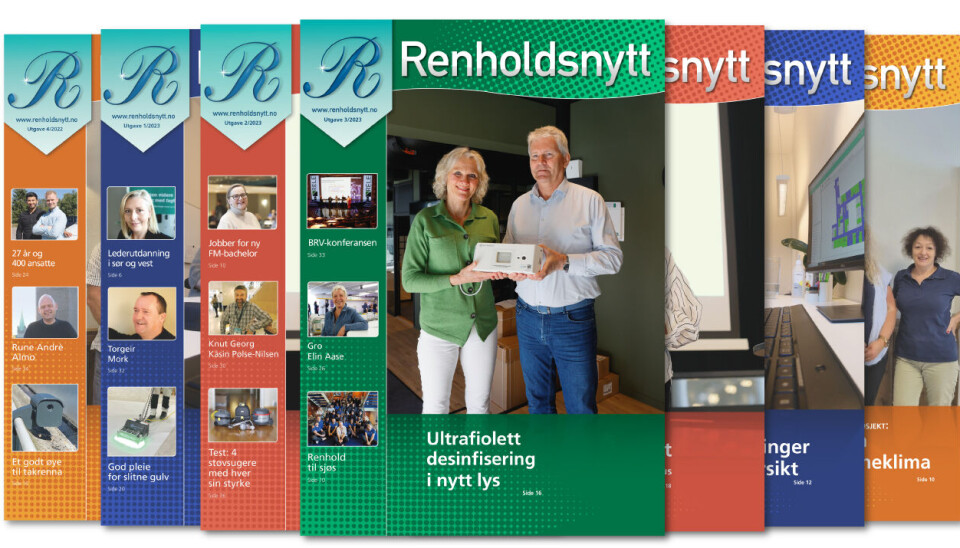 Forsiden til Renholdsnytt nr. 3/2023. For beskrivelse av enkeltbildene, se nederst i artikkelen. Forsiden til noen av de nyeste utgavene av Renholdsnytt