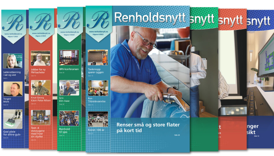 Forsiden til Renholdsnytt nr. 4/2023. For beskrivelse av enkeltbildene, se nederst i artikkelen. Bilde av forsider til bladet Renholdsnytt, blant annet nr. 4/2023